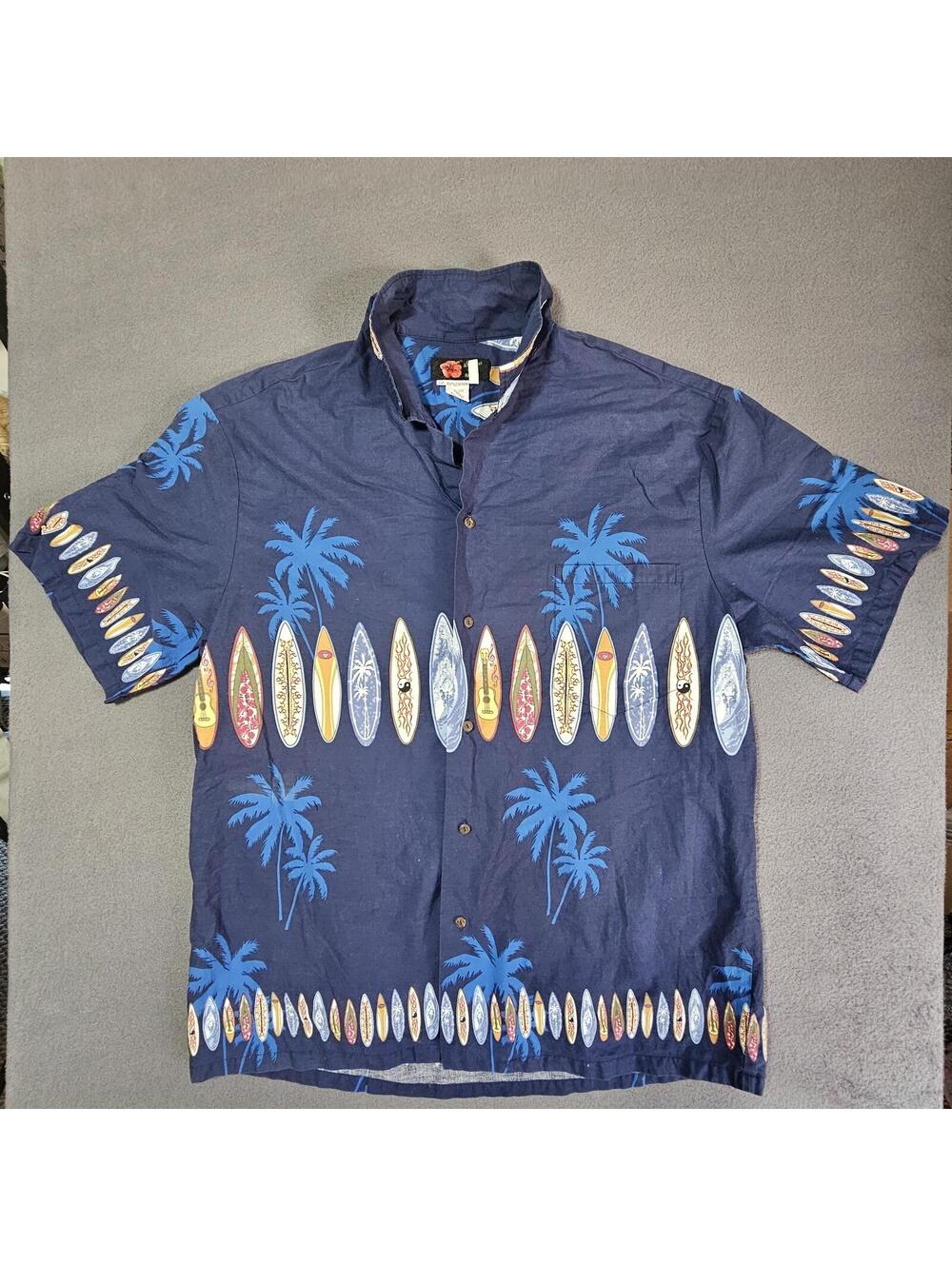 Alo'i Fashions Hawaii XXL Navy Blue Cotton Hawaiian Shirt Surfboard Palm Tree